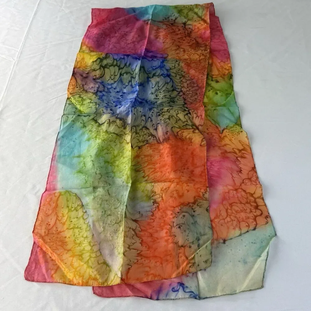 Vintage Silk Scarf Hand Painted Tye Dye 52”x11”